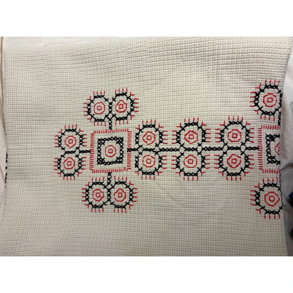 Vintage Hand Embroidered Folk Art Tablecloth Red Black Geometric 68 x 50